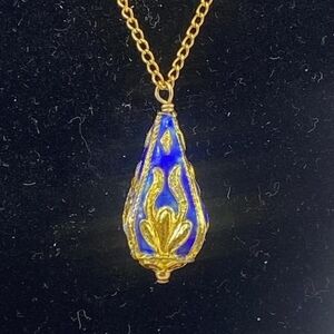 Elegant Vintage Blue and Gold Enamel Pendant Necklace 17"-19"